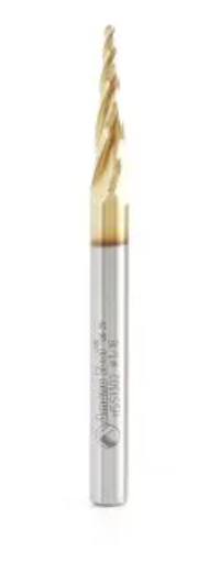 HSS1302 CNC 2D and 3D Carving Ball Nose 5.4 Deg Tapered Angle x 1/16 Dia x 1/32 Radius x 1 CH x 1/4 Shank x 3 Inch Long x 4 Flute High Speed Steel (HSS) ZrN Coated Upcut Router Bit